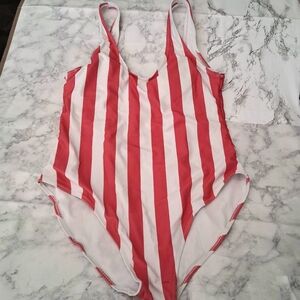 🩱Blooming Jelly Pink & White Striped Full Body Swimsuit Size Large